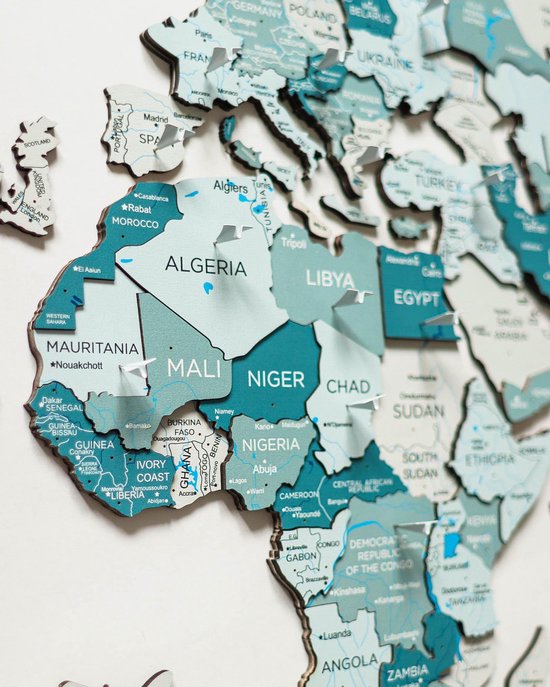 Wereldkaart en bois 3D - Aqua - XL (200 x 120 cm)