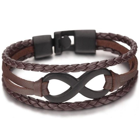Leren Armband - Bruin Leer met Zwarte Infinity Hanger - Leren Armbanden Heren Dames - Cadeau voor Man - Mannen Cadeautjes