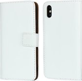 Leren horizontale flip-holster voor iPhone X / XS met magnetische sluiting en beugel en kaartsleuf en portemonnee (wit)