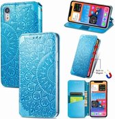 Blooming Mandala reliëf patroon magnetische horizontale flip lederen tas met houder & kaartsleuven & portemonnee voor iPhone XR (blauw)