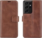 Retro Kalf Patroon Gesp Kaart Portemonnee Links en Rechts Flip Telefoon Holster met Beugel Functie Voor Galaxy S21 Ultra (Donkerbruin)