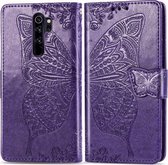 Voor Xiaomi Redmi Note 8 Pro Butterfly Love Flower Reliëf Horizontale Flip Leren Case met Beugel / Kaartsleuf / Portemonnee / Lanyard (Donkerpaars)