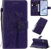 Voor Xiaomi Mi 9 Pro Tree & Cat Pattern Pressed Printing Horizontale Flip PU lederen tas met houder & kaartsleuven & portemonnee & lanyard (paars)