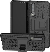 Tyre Texture TPU + PC schokbestendig hoesje voor Huawei P30, met houder (zwart)