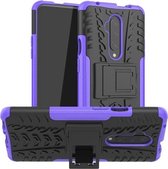 Voor OnePlus 7T Pro Tyre Texture Shockproof TPU + PC beschermhoes met houder (paars)