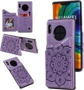 Voor Huawei Mate 30 Pro bloem reliëf patroon schokbestendig beschermhoes met houder & kaartsleuven & fotolijst (paars)