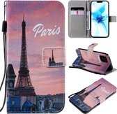 Horizontale leren flip-hoes met houder en kaartsleuf en draagkoord voor iPhone 12/12 Pro (Eiffeltoren) schilderen