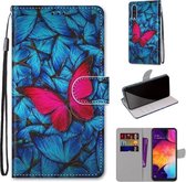 Voor Samsung Galaxy A50 Gekleurde tekening Cross Texture Horizontale Flip PU lederen tas met houder & kaartsleuven & portemonnee & lanyard (grote rode vlinder op blauw)