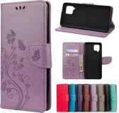 Voor Samsung Galaxy A42 5G vlinderbloempatroon horizontale flip lederen tas met houder & kaartsleuven en portemonnee (lichtpaars)