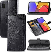 Voor Samsung Galaxy A21 (JP-versie) Mandala bloem reliëf horizontale flip lederen tas met beugel / kaartsleuf / portemonnee / lanyard (zwart)