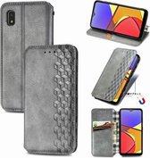 Voor Samsung Galaxy A21 (JP-versie) Cubic Grid Pressed Horizontal Flip Magnetic PU Leather Case met houder & kaartsleuven & portemonnee (grijs)