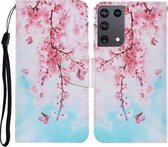 Voor Samsung Galaxy S21 Ultra 5G Gekleurde Tekening Patroon Horizontale Flip PU Lederen Case met Houder & Kaartsleuven & Portemonnee & Lanyard (Kersenbloesems)