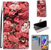 Voor Samsung Galaxy A21s Gekleurde Tekening Cross Textuur Horizontale Flip PU Lederen Case met Houder & Kaartsleuven & Portemonnee & Lanyard (Pink Rose Garden)