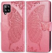 Voor Galaxy A42 5G vlinder liefde bloem reliëf horizontale flip lederen tas met beugel / kaartsleuf / portemonnee / lanyard (roze)