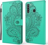 Voor Samsung Galaxy A21 (Amerikaanse versie) Pauw reliëfpatroon Horizontale flip lederen tas met houder & kaartsleuven & portemonnee & lanyard (groen)