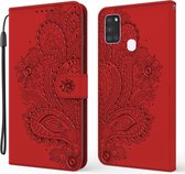 Voor Samsung Galaxy M30s Pauw Reliëfpatroon Horizontale Flip Leren Case met Houder & Kaartsleuven & Portemonnee & Lanyard (Rood)