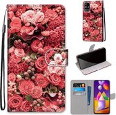 Voor Samsung Galaxy M31s Gekleurde Tekening Cross Textuur Horizontale Flip PU Lederen Case met Houder & Kaartsleuven & Portemonnee & Lanyard (Pink Rose Garden)