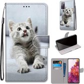 Voor Samsung Galaxy S20 FE 5G Gekleurde tekening Cross Texture Horizontale Flip PU lederen tas met houder & kaartsleuven & portemonnee & lanyard (kleine grijze kat)