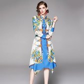 Elegante onregelmatige bedrukte lange mouwen en contrasterende jurk (kleur: blauw maat: XL)-Blauw