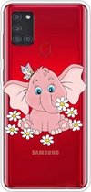 Voor Samsung Galaxy A21s schokbestendig geverfd transparant TPU beschermhoes (kleine roze olifant)