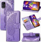 Voor Samsung Galaxy M31s Butterfly Love Flower Reliëf Horizontale Flip Leren Case met Houder & Kaartsleuven & Portemonnee & Lanyard (Lichtpaars)