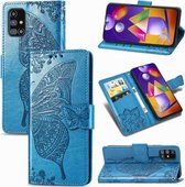 Voor Samsung Galaxy M31s Butterfly Love Flower Reliëf Horizontale Flip Leren Case met Houder & Kaartsleuven & Portemonnee & Lanyard (Blauw)