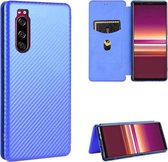 Voor Sony Xperia 5 Carbon Fiber Texture Magnetische Horizontale Flip TPU + PC + PU Leather Case met Card Slot (Blue)