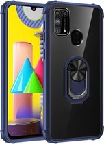 Voor Samsung Galaxy M31 schokbestendig transparant TPU + acryl beschermhoes met ringhouder (blauw)