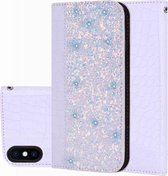 Krokodiltextuur Glitterpoeder Horizontale leren flip-hoes voor iPhone X / XS, met kaartsleuven en houder (wit)