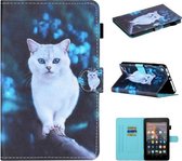 Voor Amazon Kindle Fire HD 7 2015/2017/2019 Gekleurde tekening Stiksels Horizontale flip lederen tas met houder & kaartsleuven en slaap- / wekfunctie (Blue Eyed White Cat)