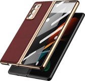 Voor Samsung Galaxy Z Fold2 5G GKK Opvouwbaar Plating Leer + Glas Volledige Dekking Case (Rood + Goud)