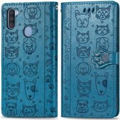 Voor Galaxy M11 Lovely Cat and Dog Embossing Pattern Horizontale Flip Leather Case, met houder & kaartsleuven & portemonnee & Cartoon sluiting & Lanyard (blauw)