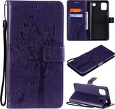 Voor LG K52 Tree & Cat Pattern Pressed Printing Horizontale Flip PU Leather Case met houder & kaartsleuven & portemonnee & Lanyard (paars)