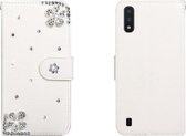 Voor Galaxy A10 / M10 horizontale flip effen kleur strass lederen tas met kaartsleuf & portemonnee & houder (diagonale bloem)