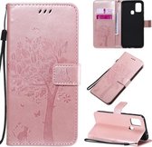 Voor Galaxy M31 Tree & Cat Pattern Pressed Printing Horizontale Flip PU Leather Case met houder & kaartsleuven & portemonnee & Lanyard (Rose Gold)