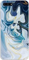 Voor Huawei Honor 7A reliëf gelakt marmer TPU beschermhoes met houder (gouden lijn blauw)