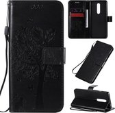 Voor OnePlus 8 Tree & Cat Pattern Pressed Printing Horizontale Flip PU lederen hoes met houder & kaartsleuven & portemonnee & lanyard (zwart)