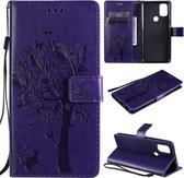 Voor OnePlus Nord N10 5G Tree & Cat Pattern Pressed Printing Horizontale Flip PU lederen hoes met houder & kaartsleuven & portemonnee & lanyard (paars)