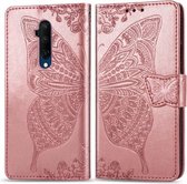 Voor One Plus 7T Pro Butterfly Love Flower Reliëf Horizontale Flip Leather Case met Bracket Lanyard Card Slot Wallet (Rose Gold)