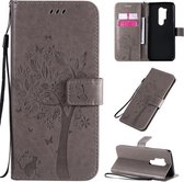 Voor OnePlus 8 Pro Tree & Cat Pattern Pressed Printing Horizontale Flip PU lederen hoes met houder & kaartsleuven & portemonnee & lanyard (grijs)