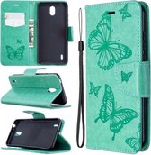 Voor Nokia 1.3 Two Butterflies Embossing Pattern Horizontale Flip Leather Case met houder & kaartsleuf & portemonnee & lanyard (groen)