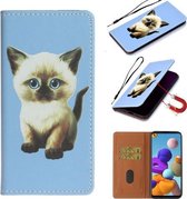 Voor Samsung Galaxy A21s Pure Color Painting Horizontale Flip Leather Case met Card Slot & Holder (Cat)