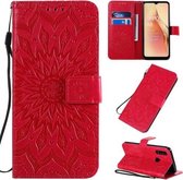 Voor OPPO A8 / A31 Geperst afdrukken Zonnebloempatroon Horizontale flip PU lederen tas met houder & kaartsleuven & portemonnee & lanyard (rood)