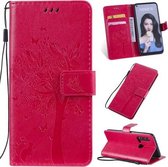 Tree & Cat Pattern Pressed Printing Horizontale Flip PU lederen tas met houder & kaartsleuven & portemonnee & lanyard voor Huawei P20 Lite 2019 / Nova 5i (Rose Red)