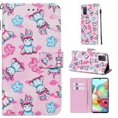 Voor Galaxy A71 Gekleurde tekening patroon Plain Weave horizontale Flip lederen tas met houder & kaartsleuf & portemonnee & lanyard (eenhoorn en bloemen)