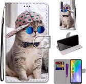 Voor Huawei Y6p Gekleurde Tekening Cross Textuur Horizontale Flip PU Lederen Case met Houder & Kaartsleuven & Portemonnee & Lanyard (B20 Slant Hat Blue Mirror Cat)