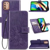 Voor Motorola Moto G9 Plus vierbladige sluiting reliëf gesp mobiele telefoon bescherming lederen tas met lanyard & kaartsleuf & portemonnee & beugel functie (Purole)