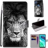 Voor Motorola Moto G8 Gekleurde Tekening Cross Textuur Horizontale Flip PU Lederen Case met Houder & Kaartsleuven & Portemonnee & Lanyard (Zwart Wit Leeuwenkop)