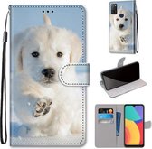 Voor Alcatel 1S (2021) Gekleurde Tekening Cross Textuur Horizontale Flip PU Lederen Case met Houder & Kaartsleuven & Portemonnee & Lanyard (Sneeuw Puppy)