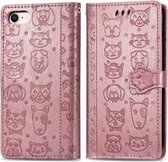 Voor iPhone 8/7 schattige kat en hond reliëf horizontale flip PU lederen tas met houder / kaartsleuf / portemonnee / lanyard (rose goud)